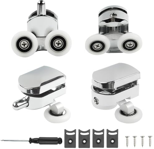 4Pcs Rodillo de Mamparas de Ducha de Vidrio, 23mm Poleas de Fijación de Puertas de Baño, Ruedas Gemelos de Repuesto de Ducha con Bloque Tornillos Destornillador, para Agujero de Puerta Vidrio de 10mm