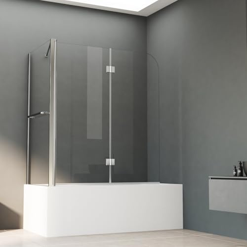 Duschwand für Badewanne mit Seitenwand, Duschwand 120 x 75 x 140 cm 2-teilig Faltbar Badewannenaufsatz Badewannenfaltwand Duschtrennwand für Badewanne, 6mm NANO ESG Glas mit Handtuchhalter