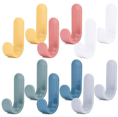 Lot de 12 crochets auto-adhésifs en plastique pour suspension murale créative en forme de J - Crochets puissants pour salle de bain et cuisine - Crochets muraux adhésifs imperméables