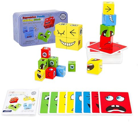 Gesichter Puzzle,Emoji Bauwürfel Ausdruck Holzpuzzle Holzgesichtswürfel Expression 3D Puzzle Face-changing Montessori Holzspielzeug mit Karten für Kinder für Geburtstagsgeschenk Halloween Weihnachten