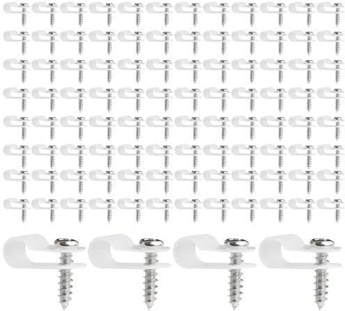 Batheidon 100 Pièces R-Type Attache de Câble Pince de Fil, Contient 100 vis, R-Clips de 6,4 mm（1/4 pouce） Réutilisables, Attache Cable Electrique, Fixation Facile pour Gestion des Câbles, Bois et Mur
