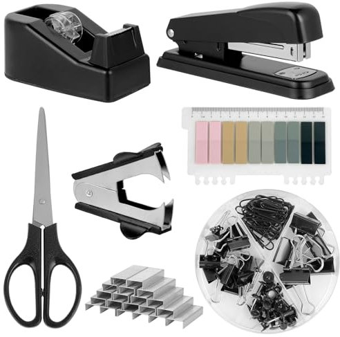 Set de fournitures bureau, comprenant perforatrice, agrafeuse, distributeur de ruban et accessoires de papeterie bureau, idéal pour chaque bureau