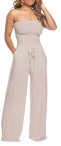 Women Tube Top Romper Strapless Bandeau Cold Shoulder Jumpsuit Outfits Sexy Off Shoulder Bodycon Overalls Wide Leg Pants Formal Party Rompers Solid Color Summer Business Work Outfit