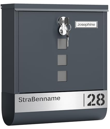 SONGMICS Briefkasten personalisiert, lasergraviertes Namensschild, Schloss | Postkasten modern, Hausnummernschild, Zeitungsfach, Sichtfenster, 10 x 30,8 x 33,8 cm, anthrazit