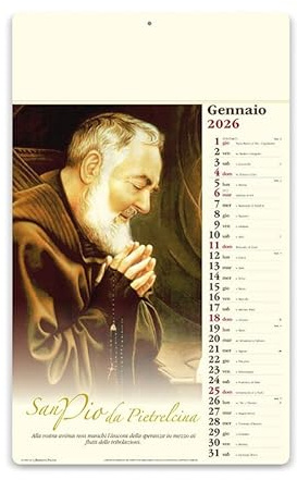 Calendario illustrato da parete muro 2026 Padre PIO San Pio mensile 12 fogli fronte retro carta patinata festività internazionali santi e lune mod.olandese (Testata Rinforzata)