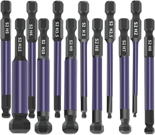 NIYATA 12Pcs Allen Key Bit Set,S2 Steel Magnetic Allen Key Drill Bits,1/4” Hex Shank,Ball End Bit for Drill,Hex Screwdriver Set,Ideal for Furniture Assembly