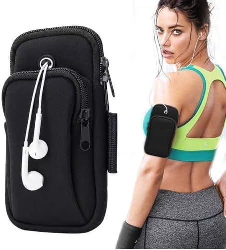 OUDQFCJ 1 pezzo Borsa da braccio sportiva con apertura per cuffie e tasca per cellulare per corsa, braccio per palestra e ciclismo (nero)