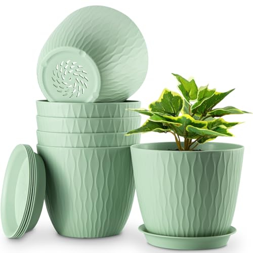 NONMON 20cm Plant Pots, 6 Pack Plastic Flower Pots Planters with Drainage Holes and Saucer, Modern Decorative Stripe Grooves for Indoor Outdoor Houseplants, Green