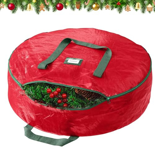 SilverChry 76 * 20cm Bolsa para Coronas de Navidad, Contenedor Almacenamiento Coronas, Bolsa Almacenamiento de Coronas Navideñas, Organizador con Asa para Guirnaldas, Almacenamiento de Navidad (Rojo)