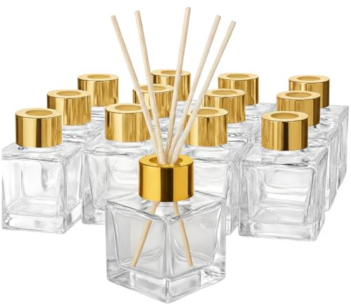 Doni Bomboniere - 10 Bottiglie vuote in Vetro da 100 ml con Bastoncini Legno per Profumatore Ambiente - Diffusori di Oli Essenziali per la Casa Bagno Salotto, Arredo Decorativi (Gold)