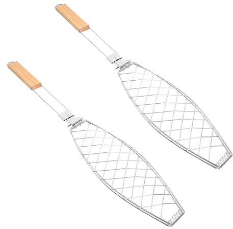 PAMINGONO Cestello per Grigliare Pesce in Acciaio Resistente 2 Pezzi con Maniglia Isolante Griglia Pieghevole Multifunzionale per Barbecue all’Aperto e Uso Domestico Resistente alle Alte