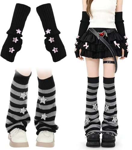 zhongko 2 Pairs Black Leg Warmers and Arm Warmers, Skull Gothic Clothes for Women, Y2K Grunge Clothes Sleeves for Outfits, Kawaii Gothic Accessories for Girls