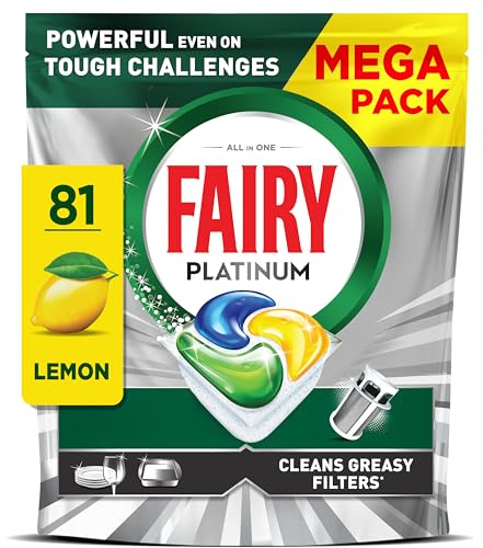 Fairy Platinum Dishwasher Tablets, Lemon, 81 Capsules, Powerful Even on Tough Cleaning Challenges, Clean Dishes, Shiny Machine, Cleans Greasy Filter