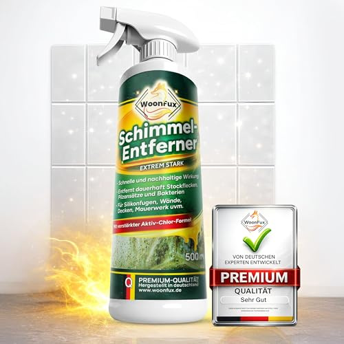 WOONFUX® Schimmelentferner Wand & Bad – Extra starker Schimmelentferner gegen hartnäckigen Schimmel – schnelle Wirkung – Auch als Fugenreiniger geeignet – Für Fliesen & Silikon – Made in DE