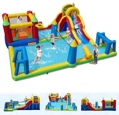 GOPLUS Château Gonflable Exterieur, Toboggan Aquatique Enfants avec Mur Escalade, Piscine à Éclaboussures, Canon à Eau, Filet de Volleyball, Buts de Football et Sac de Boxe,Charge 90KG (6 en 1)