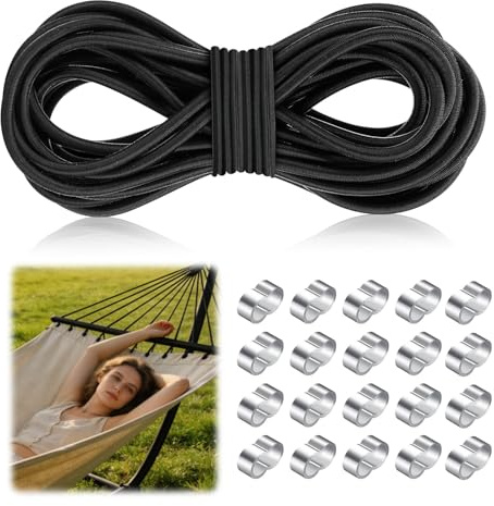 Gummiseil 10m, 8mm Expanderseil mit 20 Würgeklemmen | Elastische Gummischnur Schwarz Rund, Wetterfestes Planenseil für Anhängerplane, Camping, Segeln