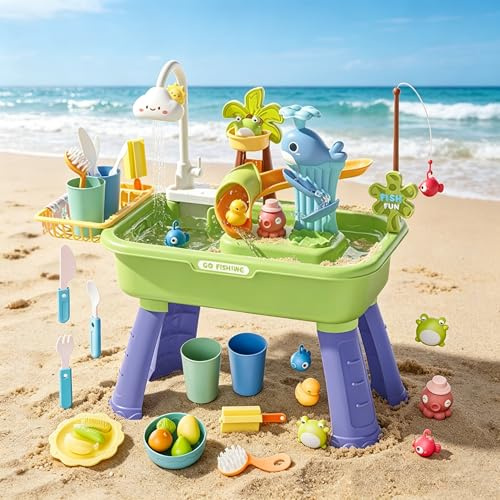 Generico Tavolo Sabbia E Acqua per con Pompa sensoriale, lavello Giocattolo Acqua Corrente, Gioco Acqua colorato, Mini Utensili Cucina plastica. Ideale per Giochi Estivi in Piscina. (Verde)