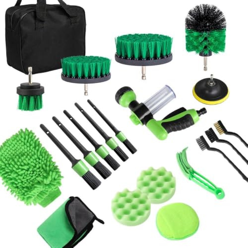 Kit di pulizia per dettagli auto, 21 pezzi, con pistola a spruzzo ad acqua in schiuma, accessori per trapano, spazzole per dettagli, guanto per lavaggio in microfibra, tamponi per lucidatura, borsa