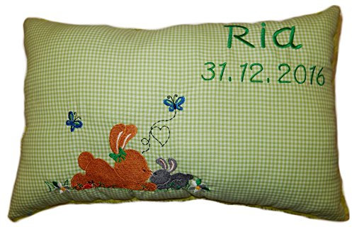 Momelie Grünes Schmusekissen * Kuschelkissen * Hasen * mit Namen Bestickt * 25 x 40 cm * SK-gn_0038