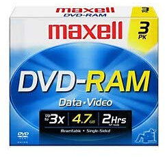 Maxell DVD-RAM47 DISC 4.7GB Rewritable DVD-RAM Disc for Video, 3 Pack