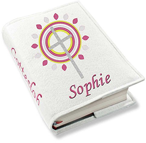Gotteslob Gotteslobhülle Hülle Kreuz 3 pink Filz mit Namen bestickt Einband Umschlag personalisierte Gesangbuchhülle, Farbe:weiß
