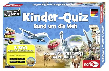 noris 606011630 Kinder-Quiz Rund um die Welt, der Familen-Spielspaß für Zuhause oder unterwegs, für 1-6 Spieler ab 6 Jahren