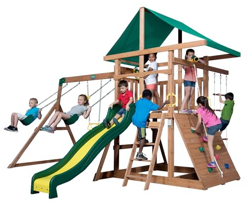 Backyard Discovery Mount Mckinley Cedar Wood Swing Set with Wave Slide, Play Deck, Double Rock Wall, Rope Ladder, Web Swing, Belt Swings, Toy Telescope, Steering Wheel, Sandbox Area, Outdoor Playset