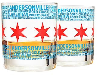 Greenline Goods - Set di 2 bicchieri da whisky per gli amanti di Chicago, Chicago Flag e quartieri
