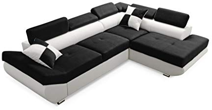 Robin Inspire Saturn Ecksofa mit Schlaffunktion L-Form Rechts Schwarz-Weiß | 280 cm 4-Sitzer Schlafsofa mit Bettkasten, 5 verstellbare Kopfstützen, 2 Kissen, Wohnlandschaft, freistehende Eckcouch