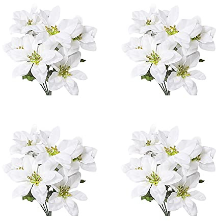JFBUCF Künstliche Weihnachtssternsträucher, 7 Köpfe, Seide, Weihnachtsstern, Blumenstrauß, Weihnachtsstrauß, Urlaub, Zuhause, Büro, Dekoration, Weiß, 4 Stück