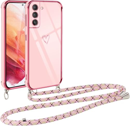 Vauki handyband für Samsung Galaxy S21 5G Hülle mit Band, Handyhülle mit Kette, Herz Motiv, Ultra Dünn Stoßfeste Aesthetic Case mit Kordel zum Umhängen für Samsung S21 5G 6.2 Zoll, Rosa