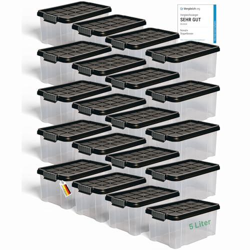 Novaliv 20x Aufbewahrungsboxen mit Deckel 5L Anthrazit Nestbar stapelbare Storage boxes mit Clipverschluss Kunststoff BPA-frei 30 x 19 x 14 cm
