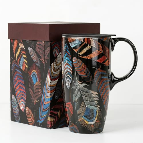 DUSVALLY 500ml Ceramic Travel Mug with Lid, Boho Feather Coffee Mug | 17oz large ceramic coffee mug with handle, dark multicoloured artwork and matching gift box; microwave and dishwasher safe