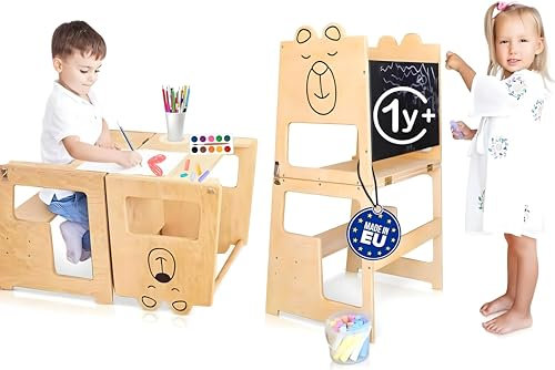 KAUZA 3-in-1 Montessori Lernturm ab 1 Jahr, Verstellbar und Klappbar, aus Naturholz für Kinder, Umwandelbar in Kindertisch mit Stuhl - Rutschfester Küchenhocker und Stehstuhl, Ideal als Kindersessel