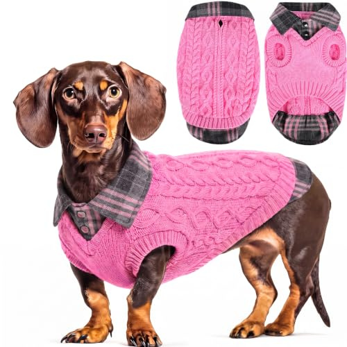 CITÉTOILE Hundepullover Strickpullover Karo Rollkragen Leinenlöcher L | Warme Welpenkleidung, Traktion Loch, Geeignet für kleine & mittlere Hunde, Katzenpullover, Herbst Winter Weihnachten, Rosa