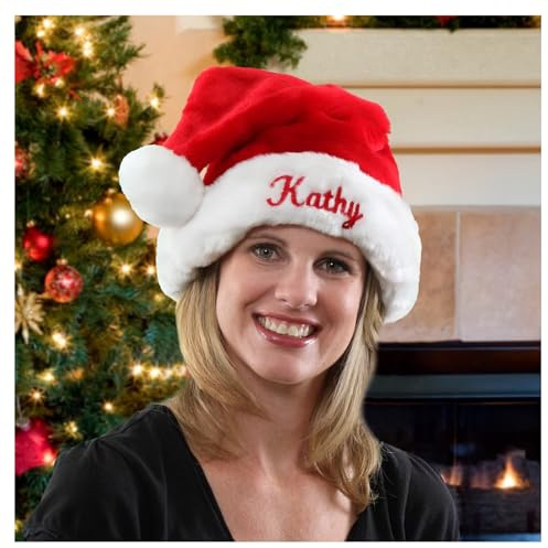 WOMB Personalisierte Weihnachtsmütze aus Plüschsamt, individuelle Weihnachtsmannmütze, Hüte für Weihnachten, bestickte Weihnachtsmannmütze, Weihnachtsdekoration