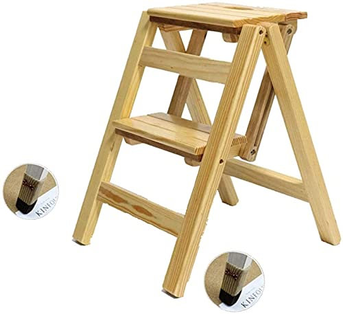 SZITW Utility-Multifunktions-tragbarer Leiterstuhlsitz mit Rutschfester Fußabdeckung, mehrschichtige klappbare Trittleiter aus Holz für die Küche, Heimküche, Badezimmer, Büromöbel (Holz).