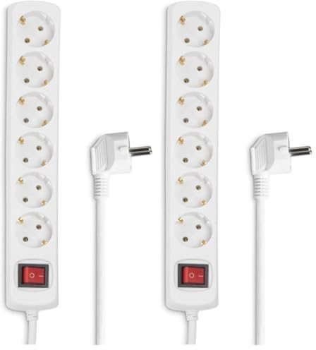 Hama Steckdosenleiste 1-Fach (Mehrfachsteckdose mit Save Energy-Schalter zum Stromsparen, Steckplätze 45 Grad gedreht, Kabel 1,4m, GS geprüft, Mehrfachstecker für Home Office) weiß (Packung mit 2)