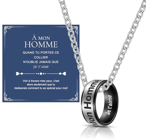 CheersLife Cadeau d'anniversaire de Saint Valentin pour Lui Homme - Collier Anneaux pour Homme Collier Gravé Mon homme,Je t'aime - Idées cadeaux pour lui à l'occasion d'un anniversaire de Noël