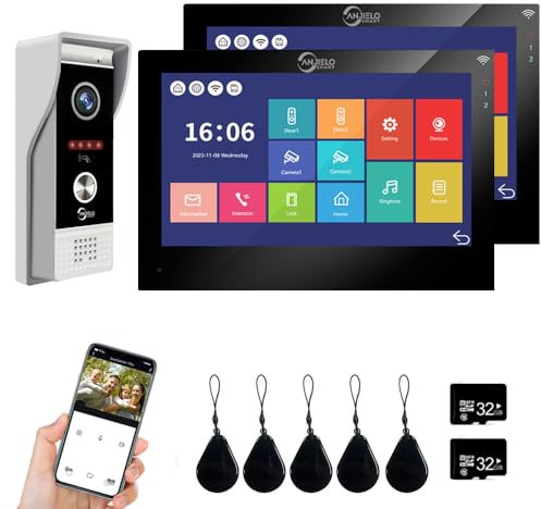 ANJIELO SMART Videocitofono 1080P, videocitofono per appartamento, con schermo touchscreen cablato da 7, supporta l'ingresso della scheda di scorrimento e rilevamento del movimento (2, nero)