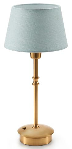 Akku Tischlampe Aufladbar, Kleine Tragbare Kabellose Tischlampe mit Dimmer, Touch Dimmbare Lampe für Esstisch Wohnzimmer Schlafzimmer Outdoor Balkon Garten Deko, Lampenschirm Blau, Antikes Metall