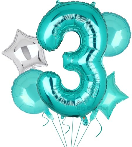 5 Stück XXL Türkis Zahl 3 Luftballon Blaugrün Nummer 3 Folienballons Groß Zahlen Happy Birthday Ballon Geburtstags Deko 100cm