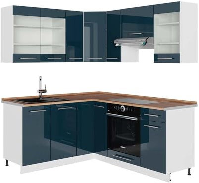 Vicco Küchenzeile Fame-Line, Dunkelblau Hochglanz/Weiß, 190 x 60 cm, AP Eiche, zur individuellen Erweiterung und flexiblen Anordnung geeignet