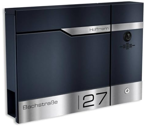 Metzler Briefkasten mit Video Türsprechanlage VDM10 2.0 und Zeitungsfach in Anthrazit RAL7016-2-Draht - Edelstahlleisten personalisiert mit individueller Lasergravur, Videosprechanlage Rechts