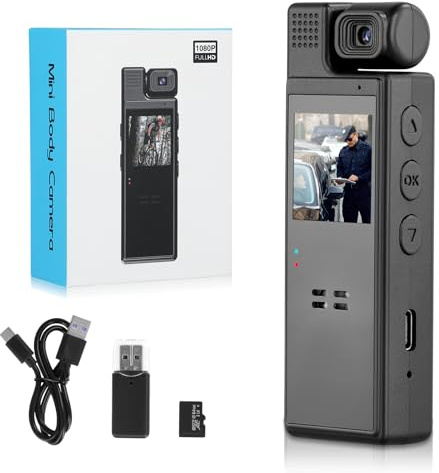 Bodycam - Mini fotocamera da 64 GB, con audio e schermo IPS da 1,3 pollici, fotocamera tascabile, fotocamera per visione notturna FHD 1080P, batteria integrata da 1200 mAh, fotocamera per corpo della