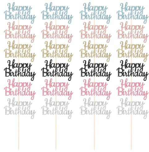 24 Pcs Happy Birthday Cupcake Toppers Colorful Glitter Happy Birthday Cupcake Picks Happy Birthday Cupcake Decorations for Celebrating Happy Birthday Party Cake Decorations Supplies (Six Colors)