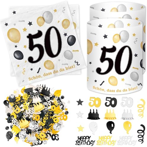 20 Stück Servietten 50 Geburtstag+ 12 Stück Windlicht Tischdeko + 500 Konfetti, Deko 50. Geburtstag Mann Frau, Tisch Deko 50 Jahre Schwarzes Gold