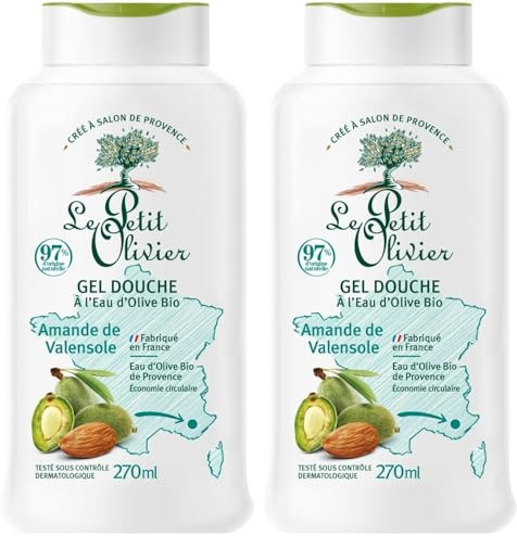 LE PETIT OLIVIER - Gel Douche - Eau d'Olive Bio & Amande de Valensole - PH Neutre Pour La Peau - 97% D'Origine Naturelle - Sans Savon, Sans Colorant - Fabriqué En France - 270 ml (Lot de 2)