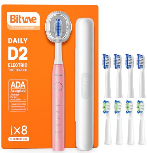 Bitvae - brosse à dents électrique à ultrasons pour adultes et enfants, brosse à dents électrique de voyage acceptée ADA avec batterie rechargeable de 60 jours, 8 têtes, 5