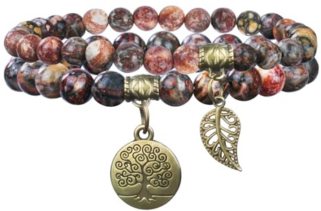 Alaoo Dubbellagrigt armband, ädelstenarmband för kvinnor, livets träd, ädelstensarmband, elastiskt pärlarmband unisex, 19 cm